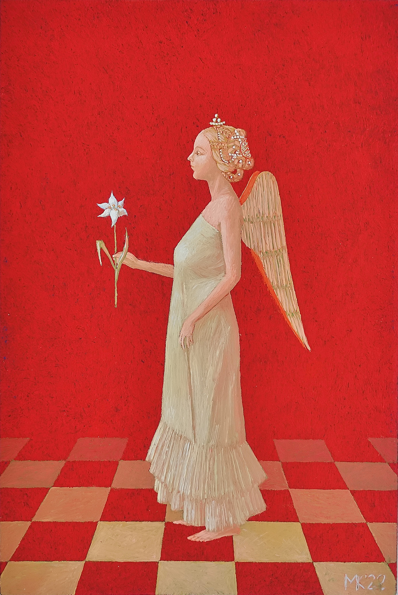 Mikołaj Kasprzyk - Angel with a flower (Oil on Canvas | Size: 24 x 33 cm | Price: 1700 PLN)
