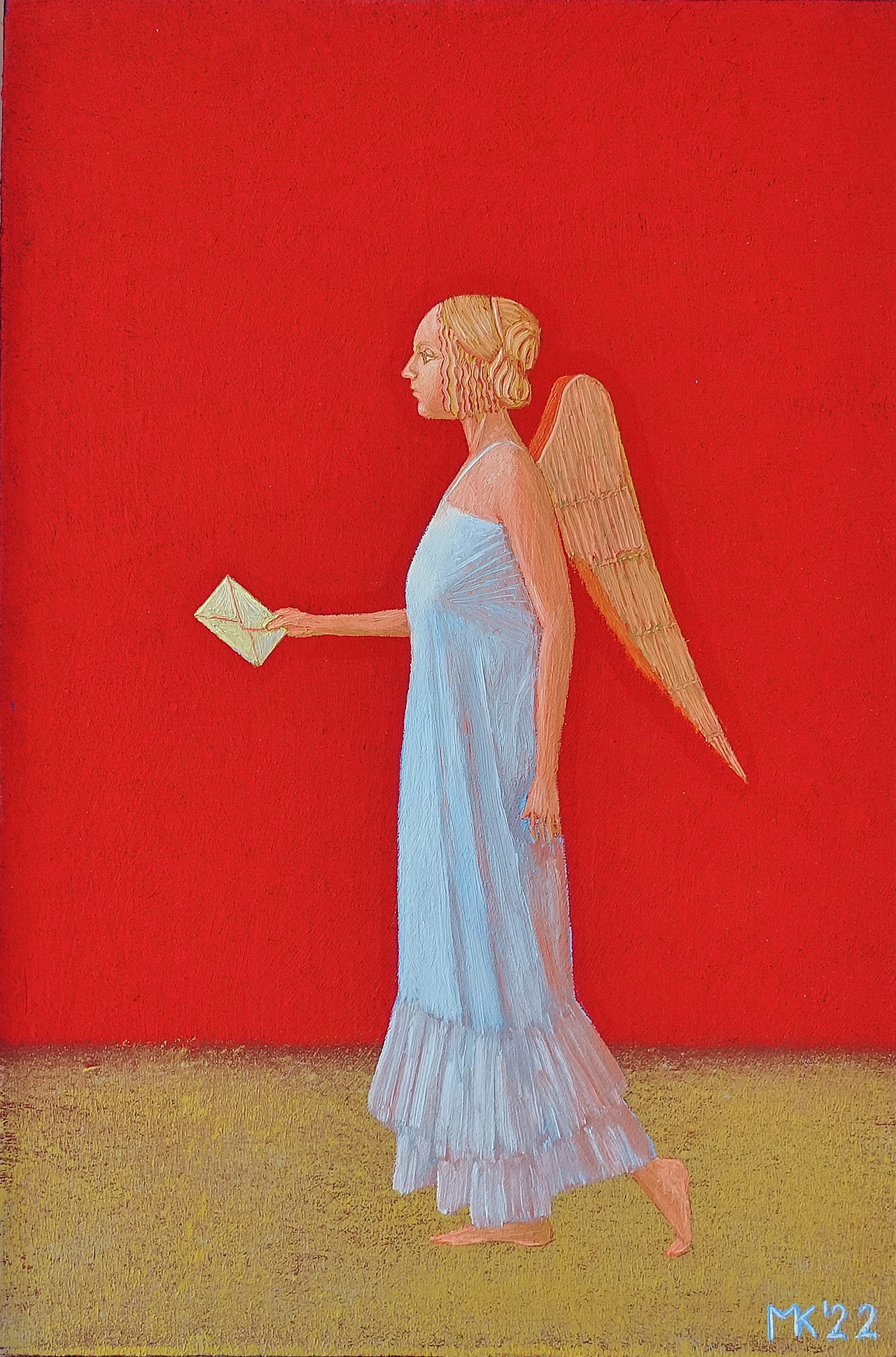 Mikołaj Kasprzyk - Angel with a letter (Oil on Canvas | Size: 24 x 33 cm | Price: 1700 PLN)