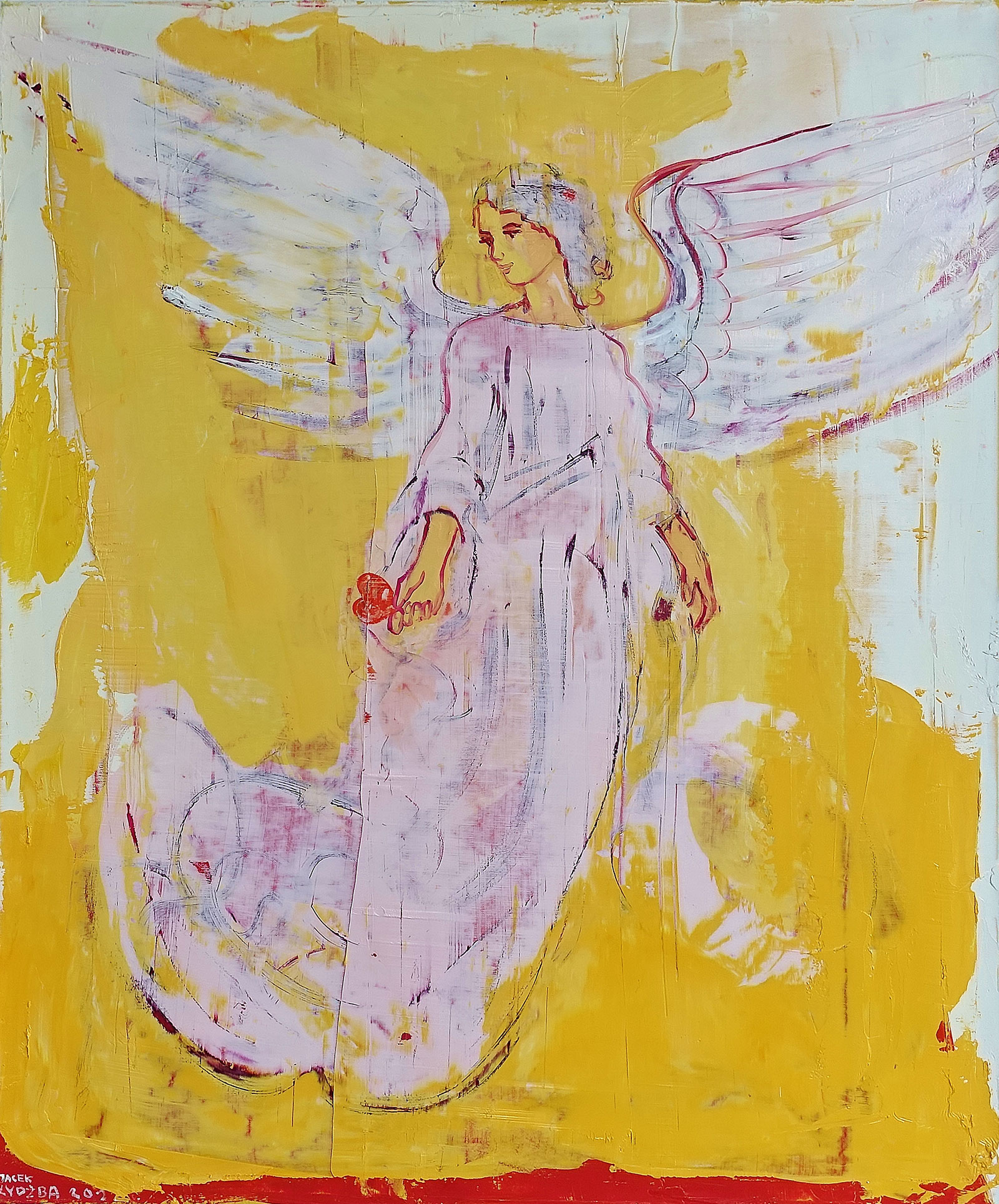 Jacek Łydżba - Angel with a heart in his hand (Oil on Canvas | Größe: 106 x 126 cm | Preis: 12000 PLN)
