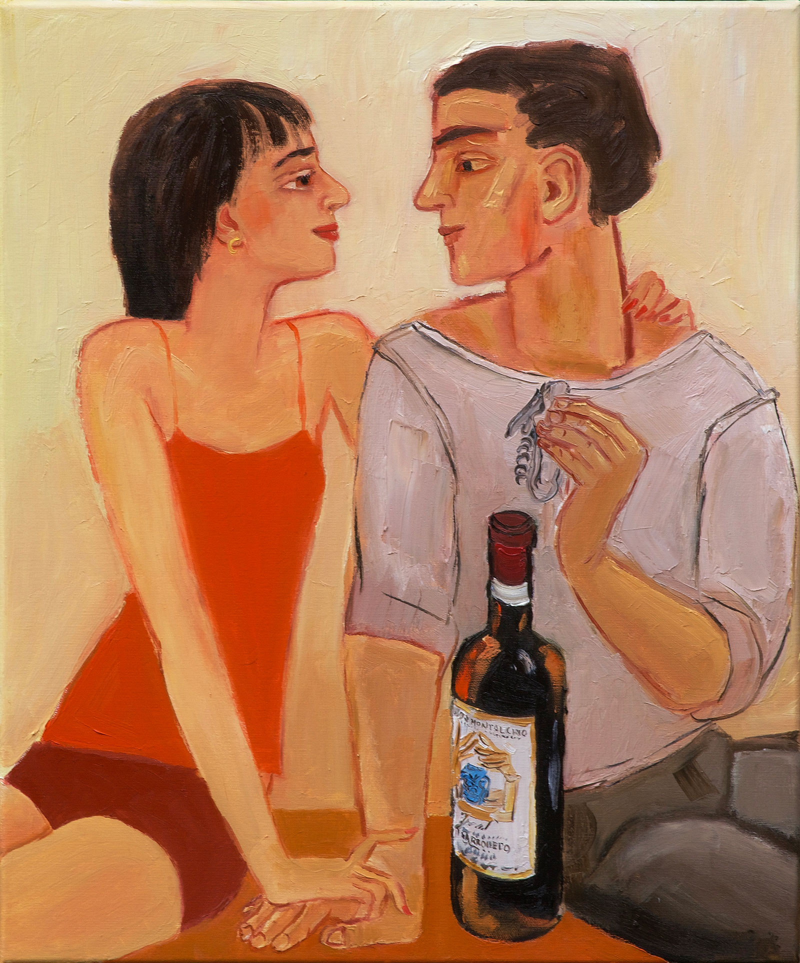 Krzysztof Kokoryn - Couple with wine (Oil on Canvas | Size: 50 x 60 cm | Price: 8000 PLN)