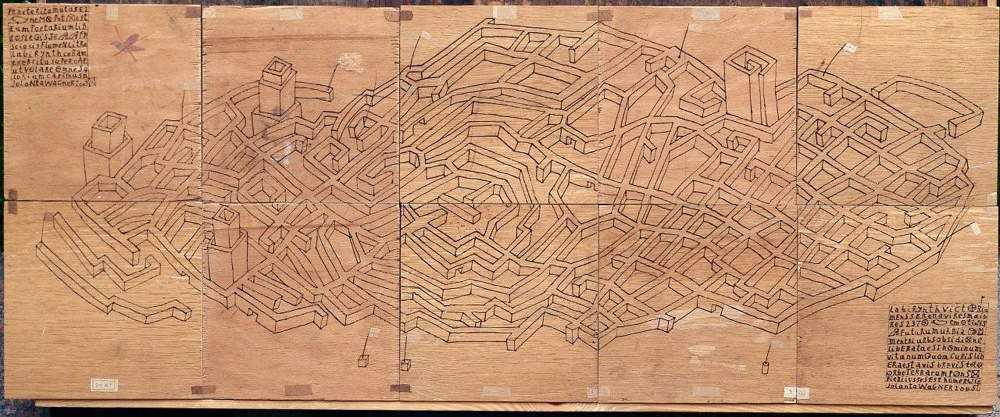 Jolanta Wagner - Danish map (Indian ink, wax, plywood | Wymiary: 100 x 40 cm | Cena: 5000 PLN)