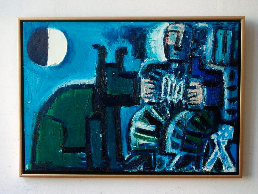 Krzysztof Kokoryn - Bandeonist with dog and moon (Oil on Canvas | Size: 105 x 75 cm | Price: 7500 PLN)