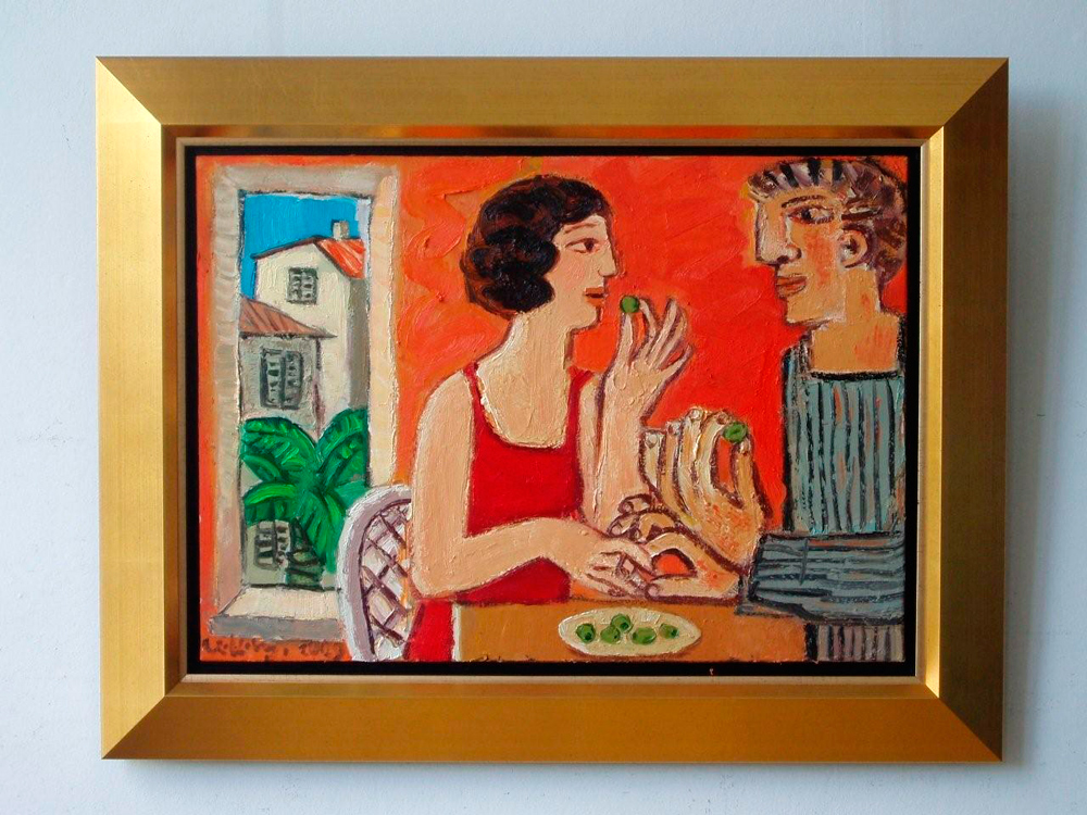 Krzysztof Kokoryn - Couple eating olives (Oil on Canvas | Größe: 90 x 70 cm | Preis: 8000 PLN)