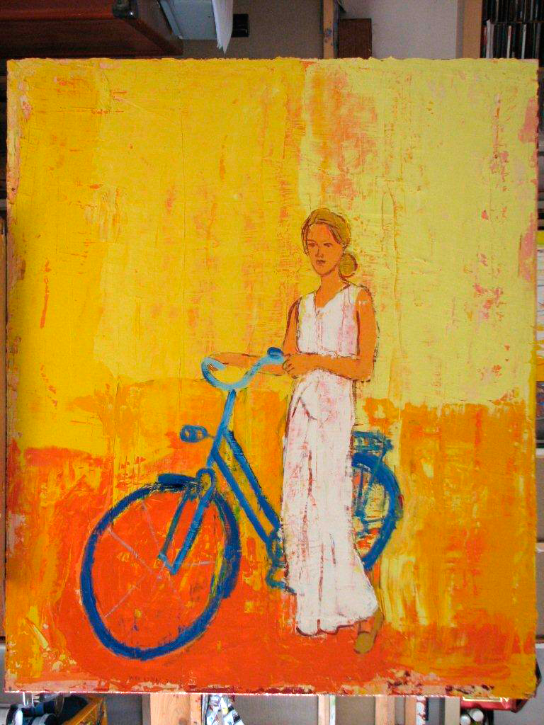Jacek Łydżba - Blue bicykle, white dress (Oil on Canvas | Size: 100 x 120 cm | Price: 7000 PLN)