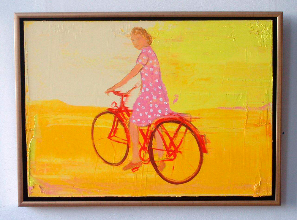 Jacek Łydżba - Lady and bicykle (Oil on Canvas | Größe: 75 x 55 cm | Preis: 3800 PLN)