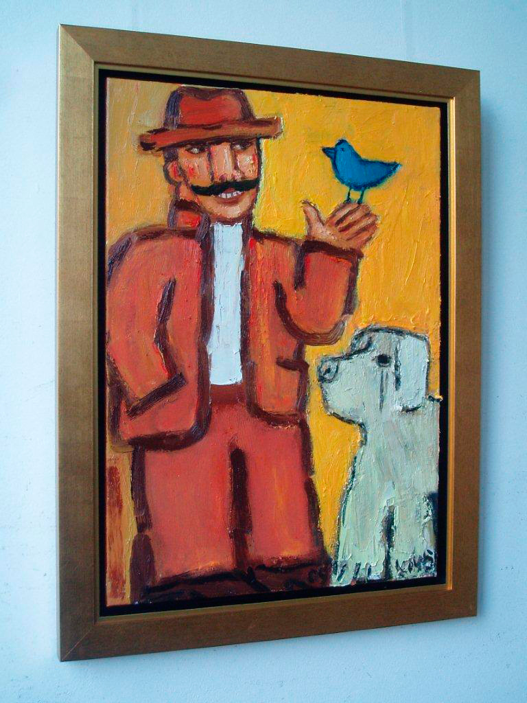 Krzysztof Kokoryn - Man with bird and dog (Oil on Canvas | Größe: 63 x 83 cm | Preis: 8000 PLN)
