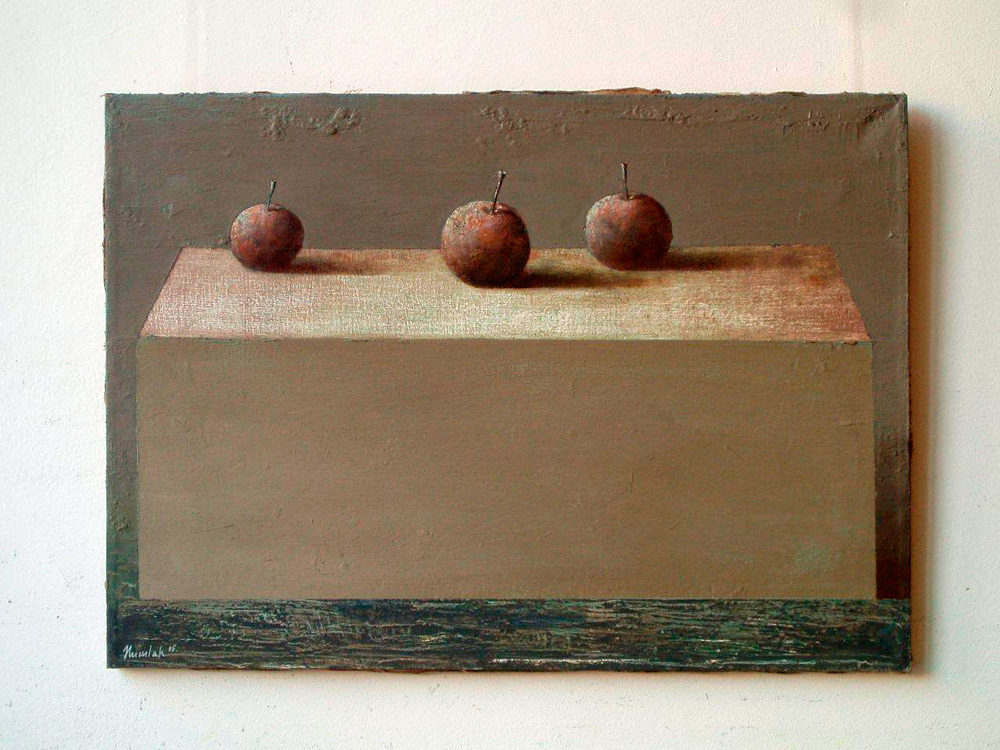 Łukasz Huculak - Three apples (Oil on Canvas | Wymiary: 70 x 50 cm | Cena: 4000 PLN)