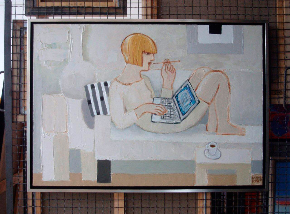 Krzysztof Kokoryn - White lady with laptope (Oil on Canvas | Wymiary: 105 x 75 cm | Cena: 9500 PLN)