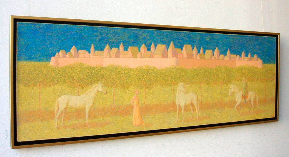 Mikołaj Kasprzyk - Landscape with castle and riders (Oil on Canvas | Wymiary: 105 x 50 cm | Cena: 4600 PLN)