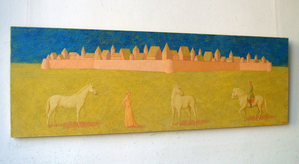 Mikołaj Kasprzyk - Landscape with castle and riders (Oil on Canvas | Wymiary: 100 x 45 cm | Cena: 5000 PLN)