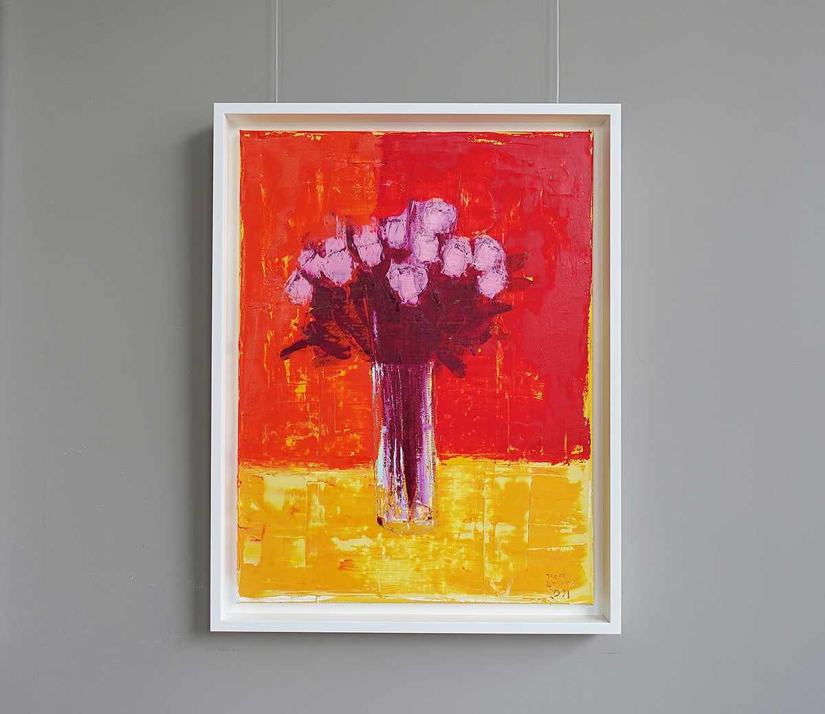 Jacek Łydżba - Flowers in a vase on a red background